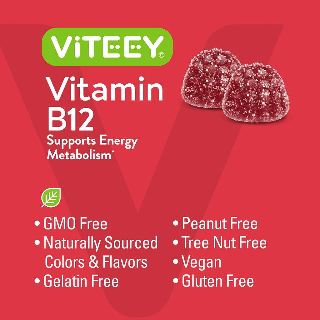 Viteey Vitamin B12 Gominolas - 120 Unidades - Vegano, Sin Gluten, Sabor Frambuesa