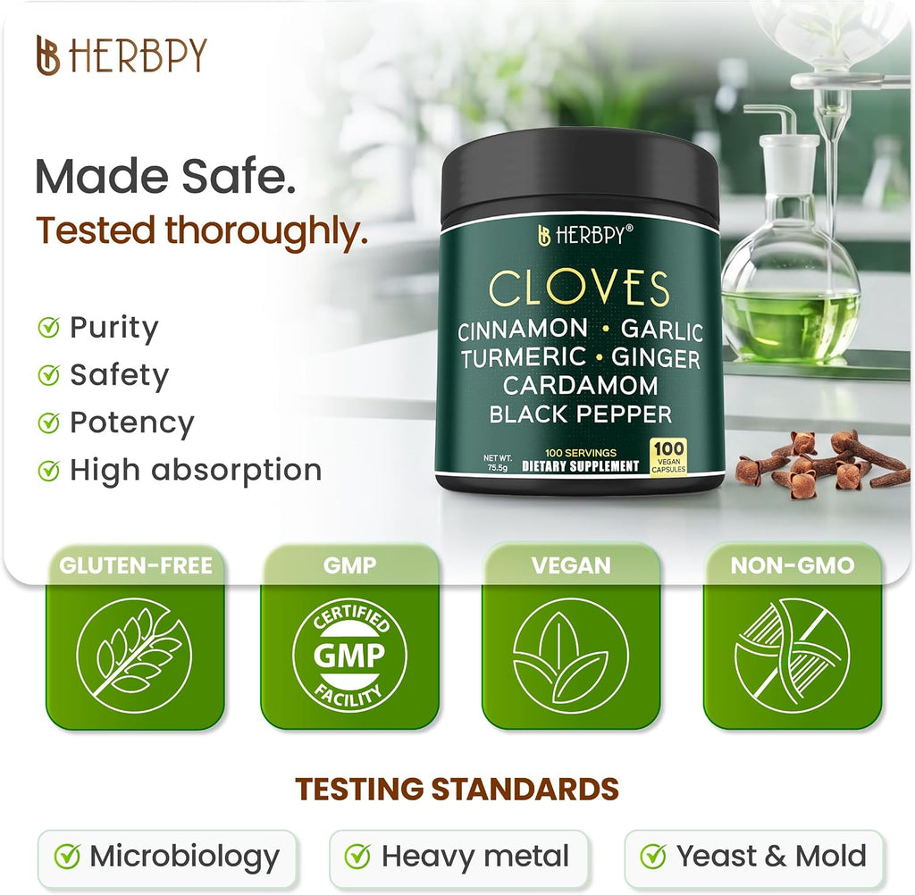 Herbpy 7 en 1 Clavo de Olor 500 mg con Cúrcuma, Jengibre, Canela y Más - 100 Cápsulas Veganas