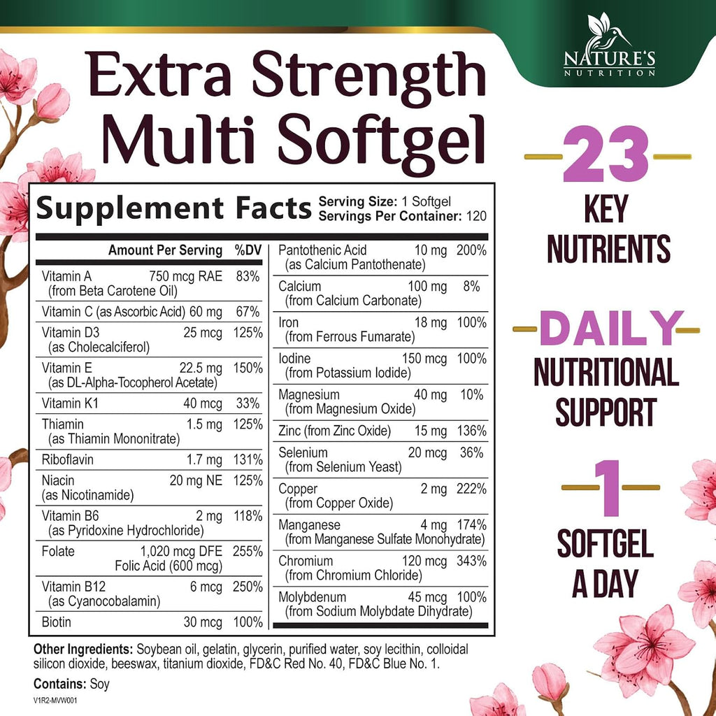 Multivitamínico para Mujeres - Completo Diario con Calcio, Ácido Fólico, Vitaminas A, C, D, E y Grupo B, Zinc y Hierro - Apoyo para Huesos, Energía e Inmunidad - 120 Cápsulas Blandas