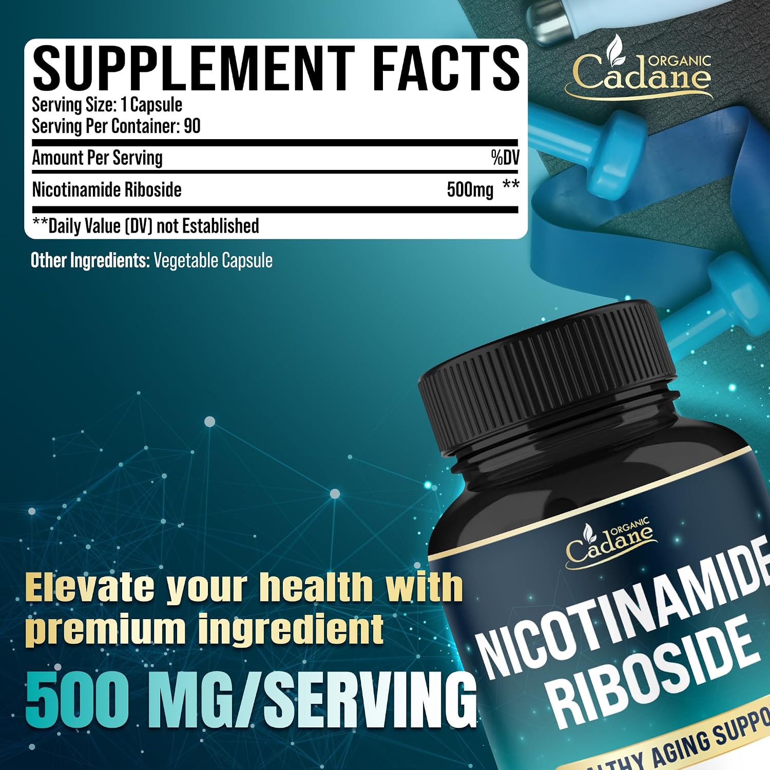 Organic Cadane Nicotinamida Ribósido 500mg | Apoyo Salud Celular | Vegano, No-GMO | 90 Cápsulas