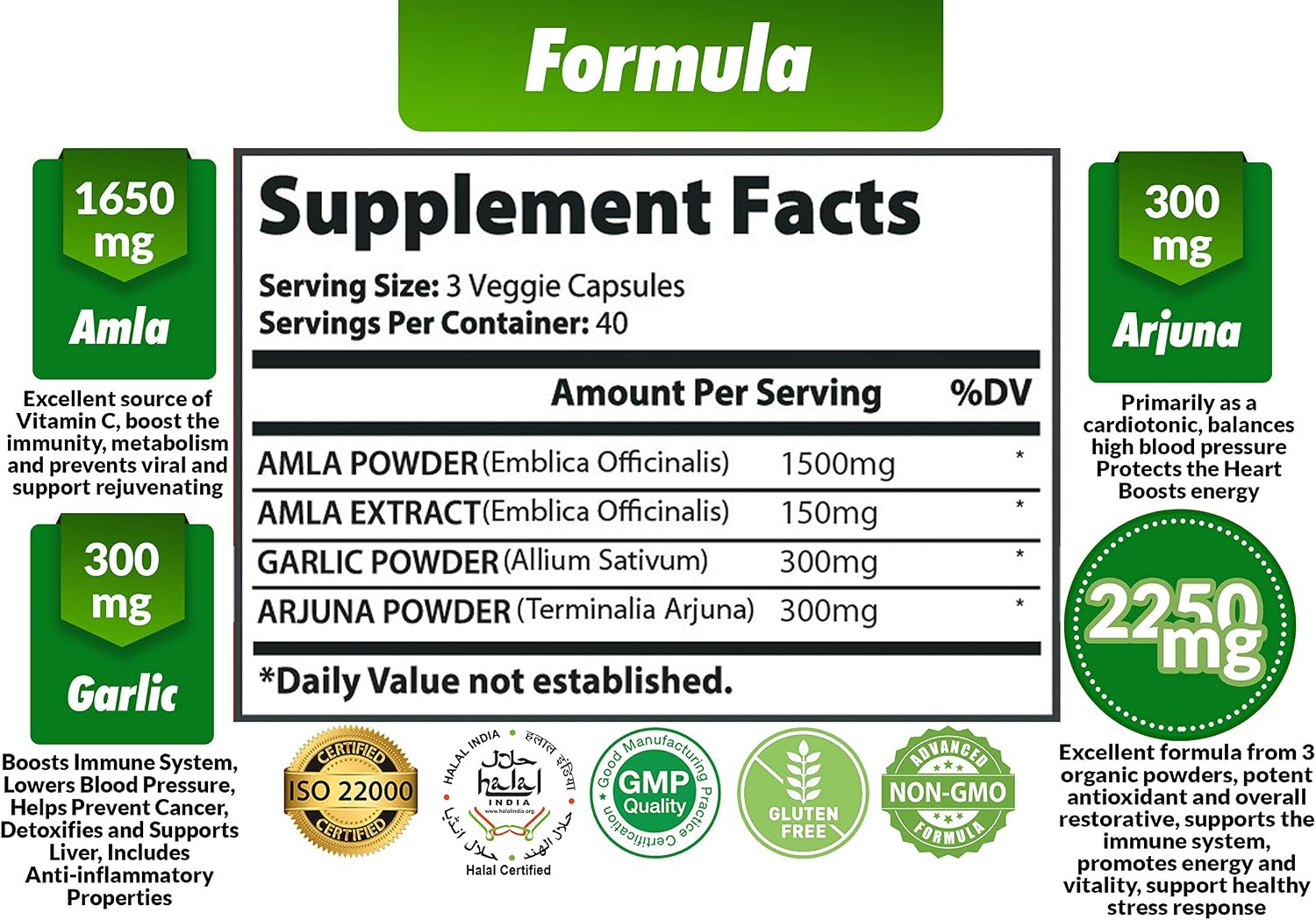 Cápsulas de Amla Orgánico 2250mg con Arjuna y Ajo | Cona Nature