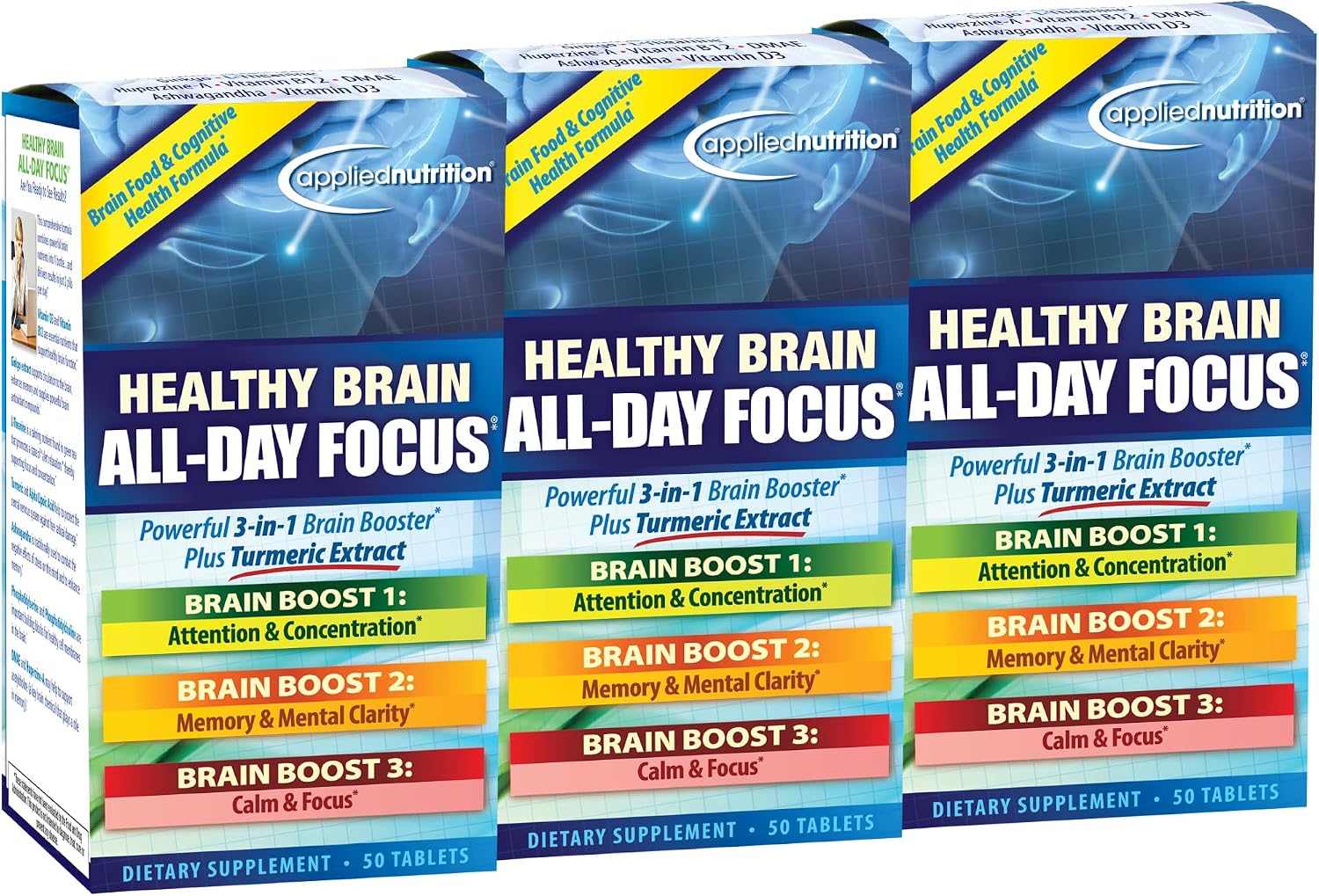 Applied Nutrition Healthy Brain All Day Focus – Concentración Todo el Día, 50 Comprimidos (Pack de 3)