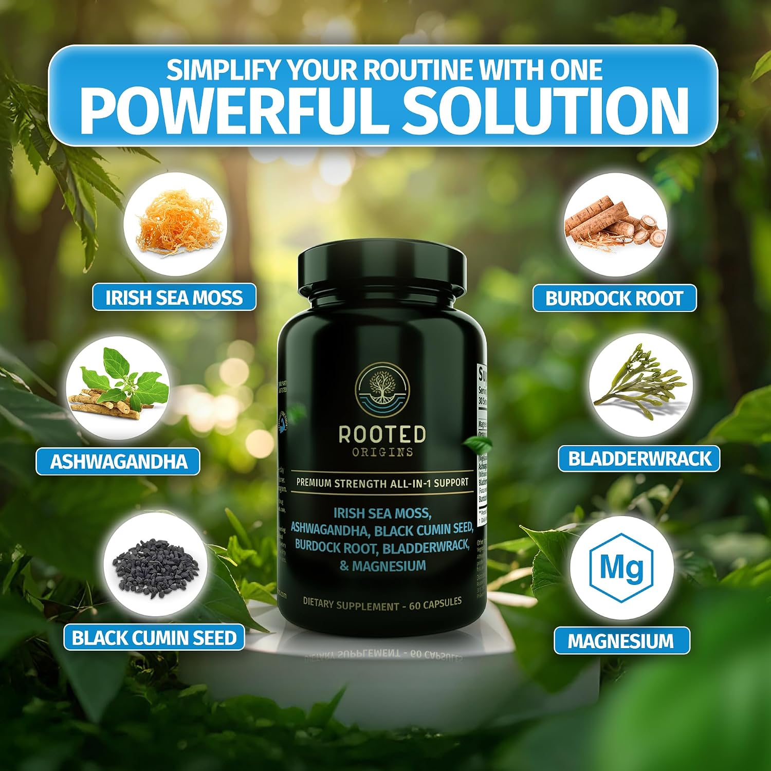 Rooted Origins Cápsulas de Sea Moss – Irish Sea Moss Avanzado, Magnesio, Ashwagandha, Aceite de Semilla Negra, Raíz de Bardana y Bladderwrack – Apoyo Inmune, Salud Digestiva, Energía y Más – 60 Cápsulas