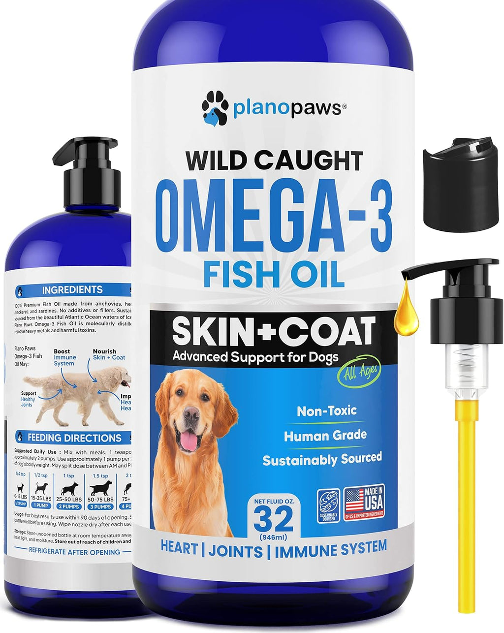 Plano Paws Aceite de Pescado Omega 3 para Perros - Suplemento Líquido de EPA y DHA