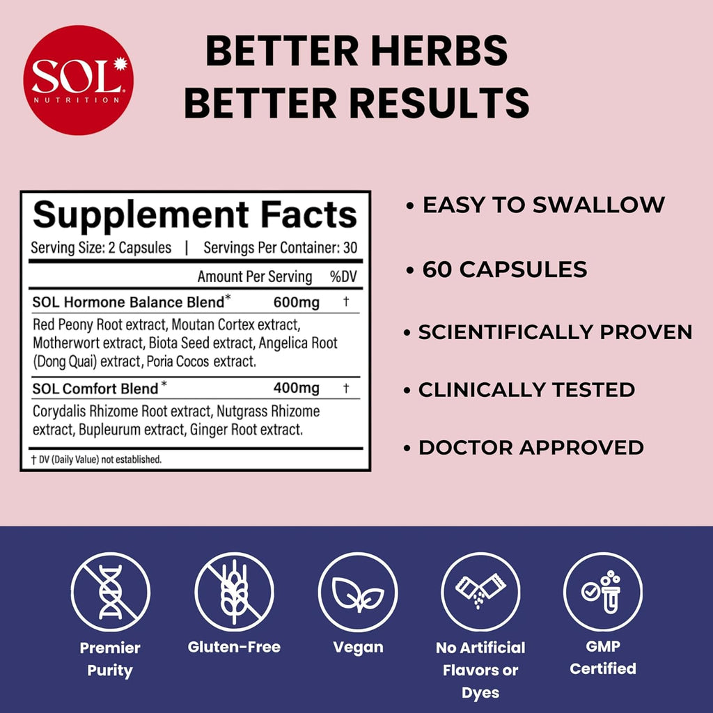 Ease the Flow de Sol Nutrition - Alivio del PMS y Síndrome Premenstrual, 60 Cápsulas con Vitaminas B6 y B8