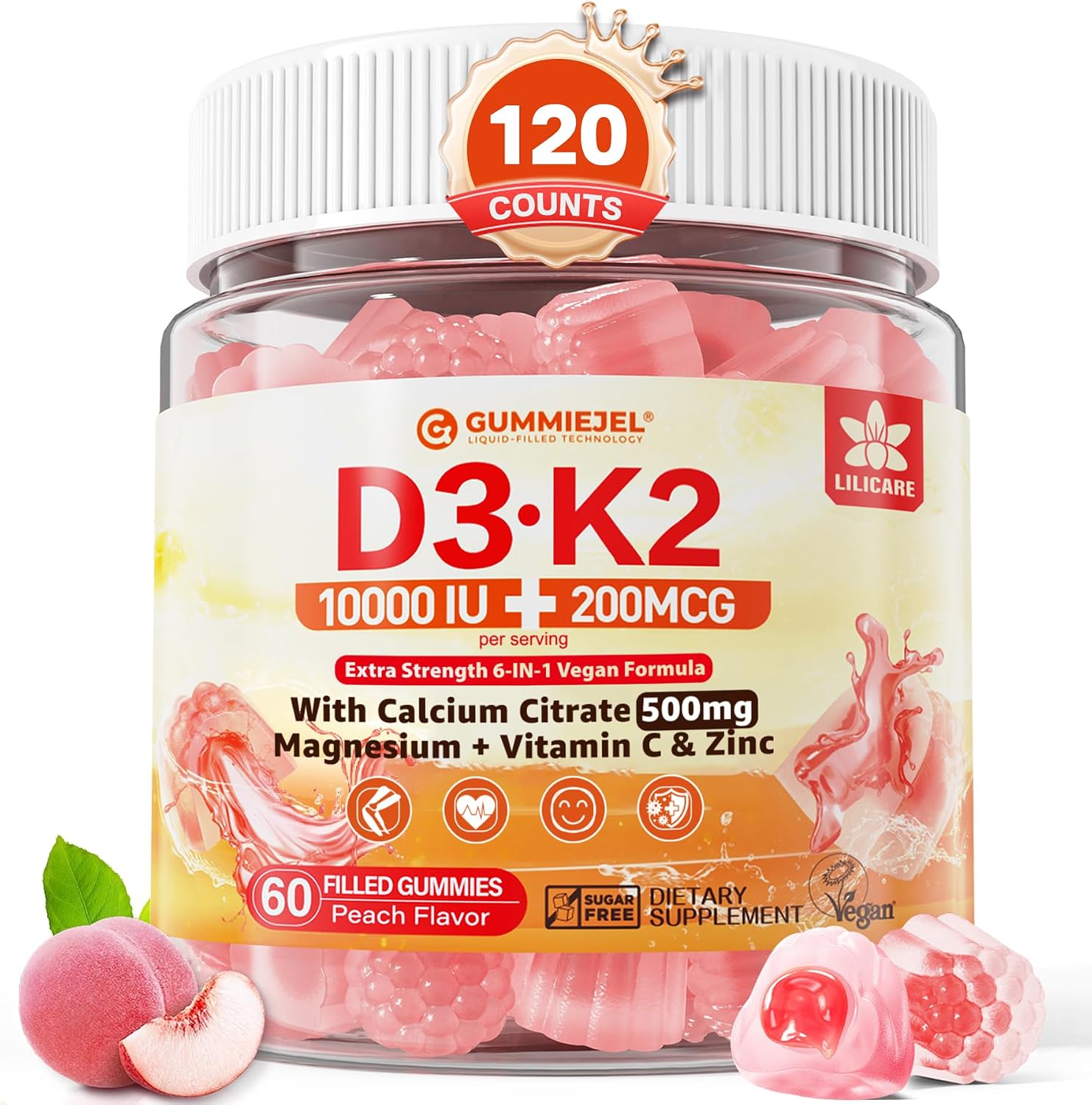 Vitamin D3 K2 Gummies con Calcio, Magnesio, Vitamina C y Zinc - 60 Gominolas Veganas