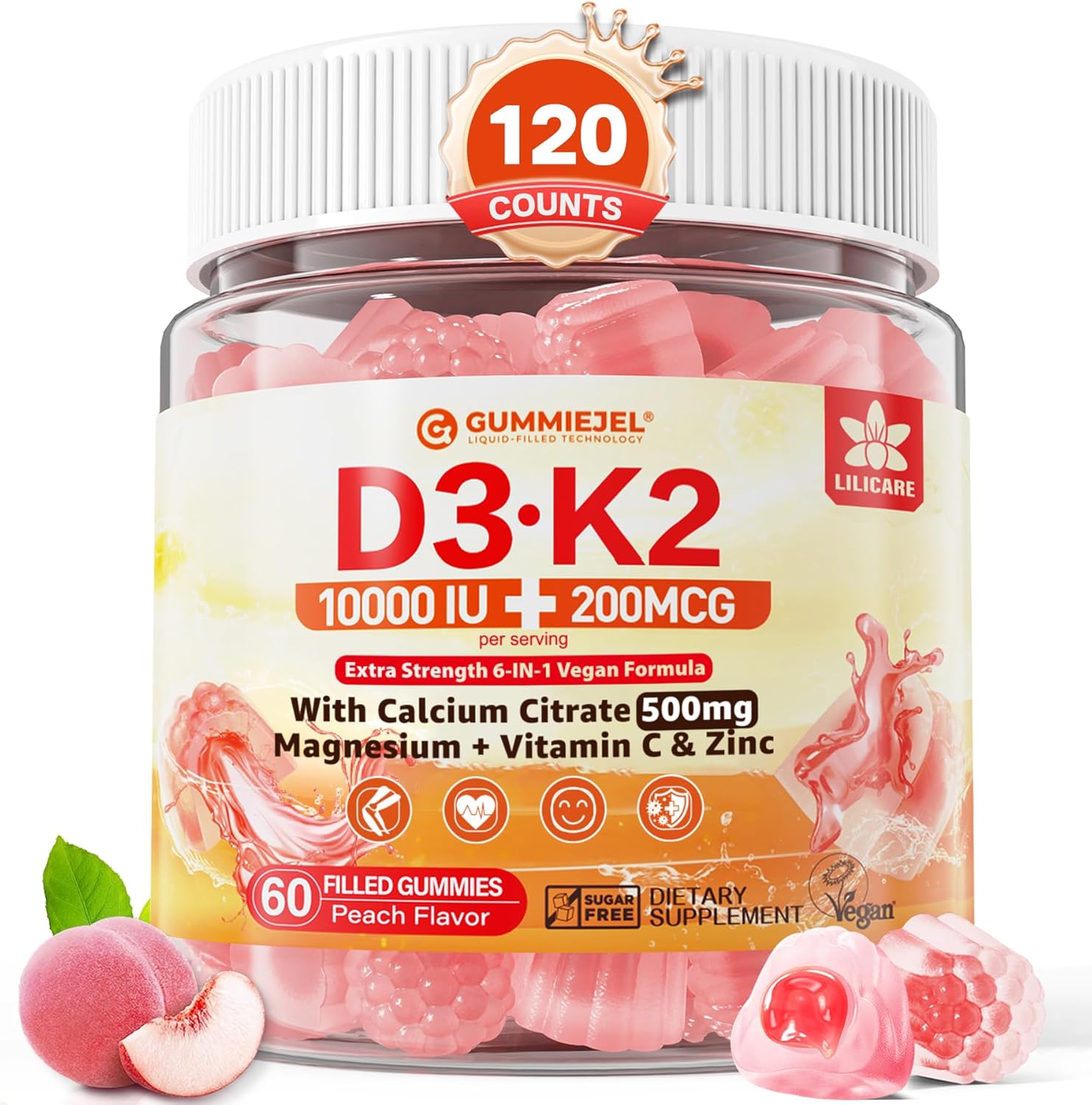 Vitamina D3 K2 Gummies 5000UI + 10000UI con Calcio y K2 MK-7 - Pack de 2
