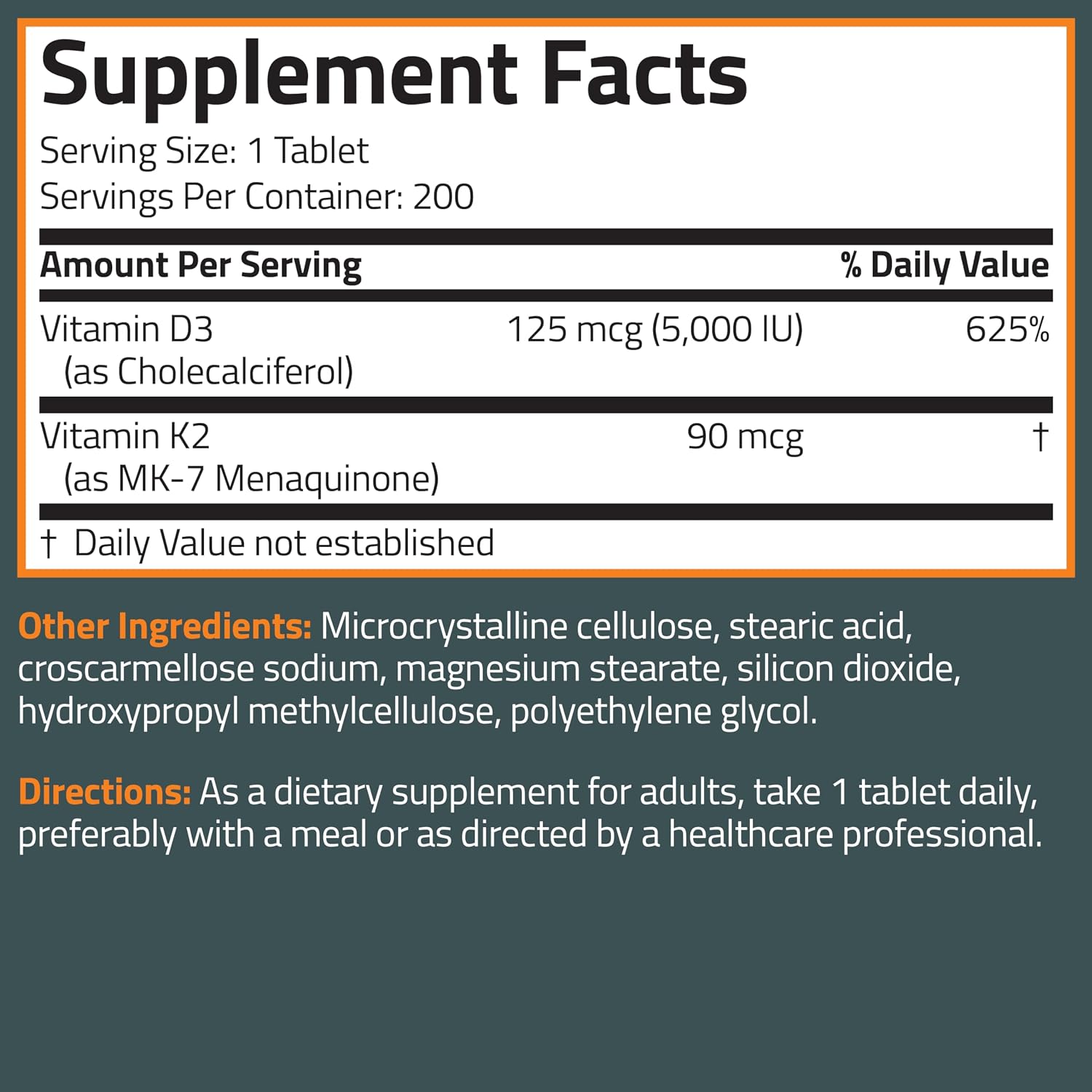 Bronson Vitamina K2 D3 (MK7) Complemento Alimenticio - 5000 UI de Vitamina D3 y 90 mcg de K2 MK-7, 200 Comprimidos