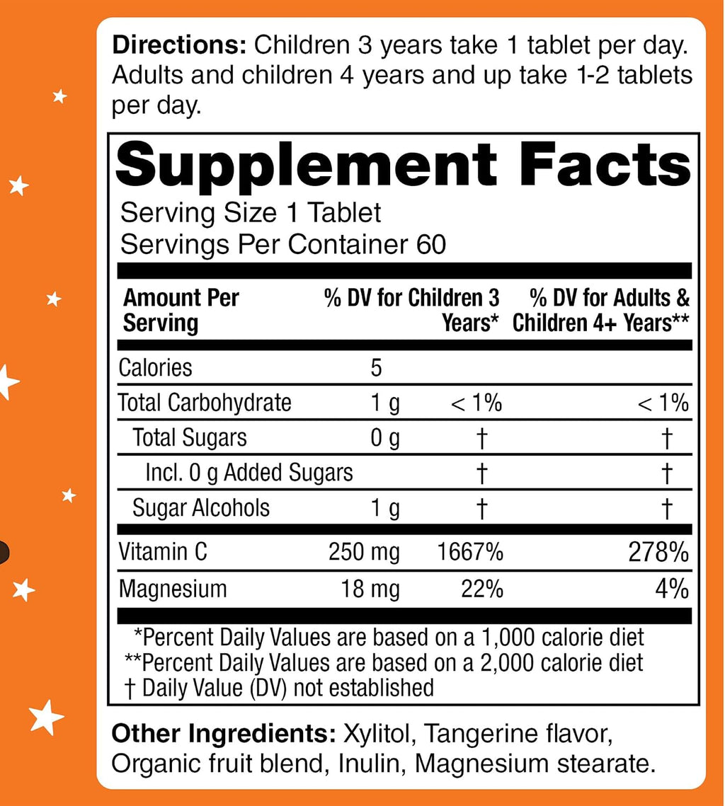 KidStar Nutrients Vitamina C Masticable, Sin Azúcar, Sabor Mandarina, 250 mg de Ascorbato de Magnesio, 60 Comprimidos