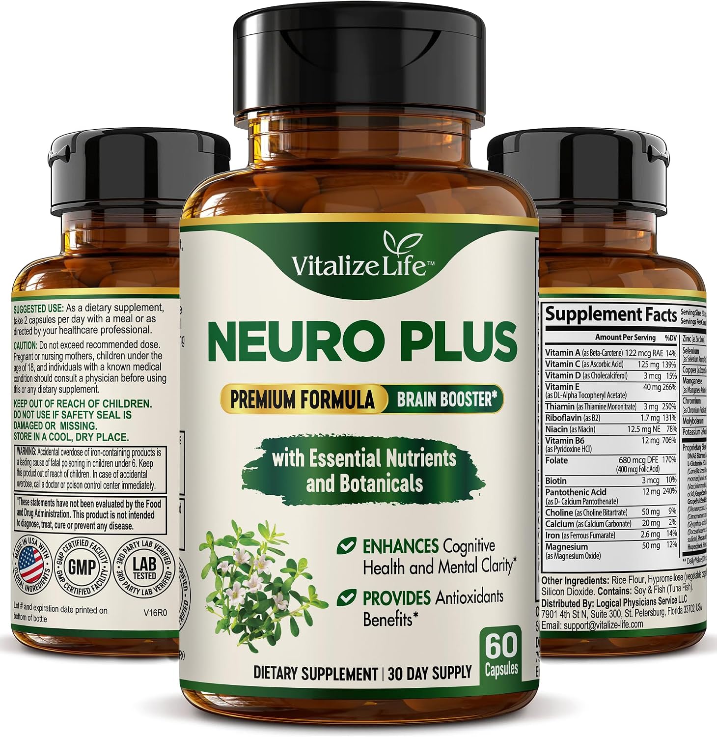 Neuro Plus Brain Supplement - Nootrópico para Memoria, Enfoque y Claridad - 60 Cápsulas