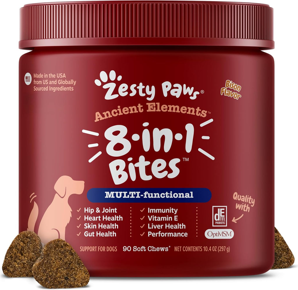 Zesty Paws Multivitamínico para Perros, Snack Masticable con Omega 3, Glucosamina y CoQ10 – 90 unidades – Sabor Bisonte
