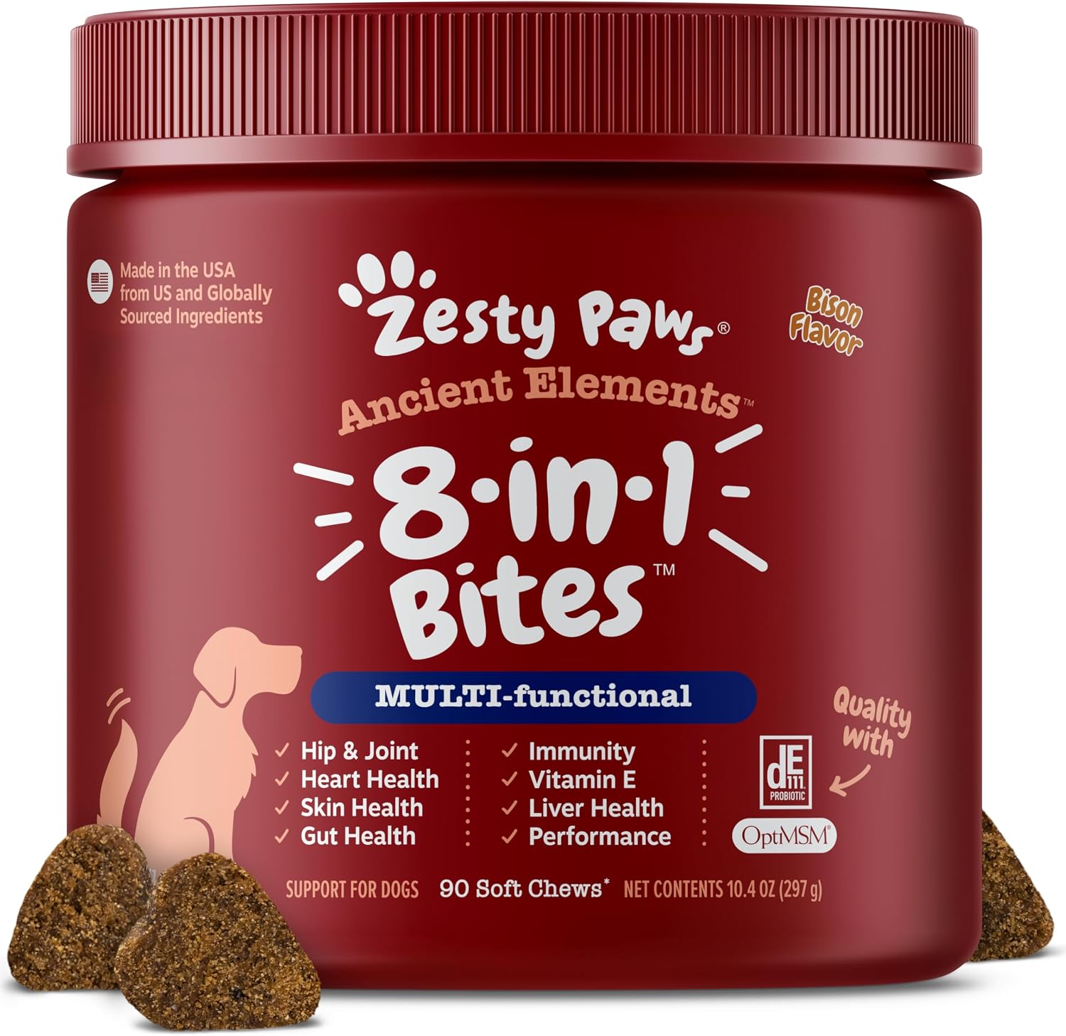 Zesty Paws Multivitamínico para Perros, Snack Masticable con Omega 3, Glucosamina y CoQ10 – 90 unidades – Sabor Bisonte