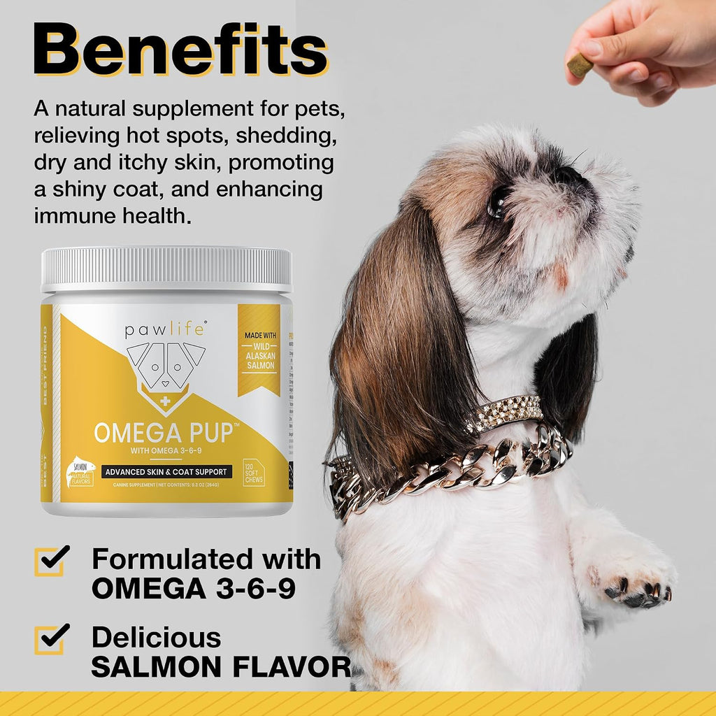 Suplemento de Aceite de Pescado para Perros - 120 Masticables con Omega 3, 6 y 9 - Sabor Salmón