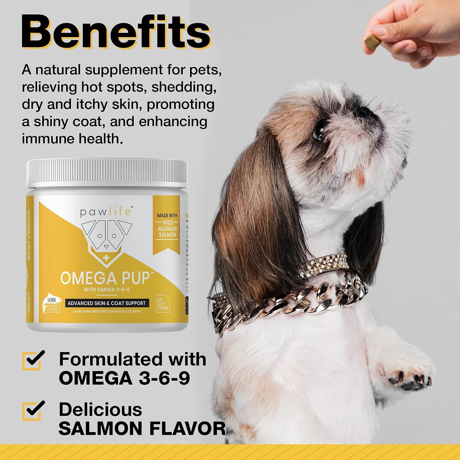Suplemento de Aceite de Pescado para Perros - 120 Masticables con Omega 3, 6 y 9 - Sabor Salmón