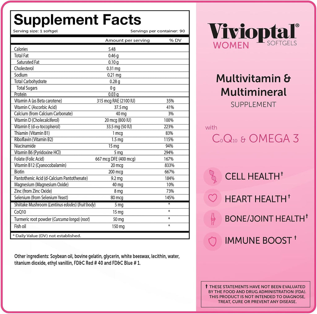 Vivioptal Women, 90 Cápsulas (Suministro para 1 Año), CoQ10 y Omega-3, Multivitamínico y Multimineral, Sin Gluten, Fórmula Alemana