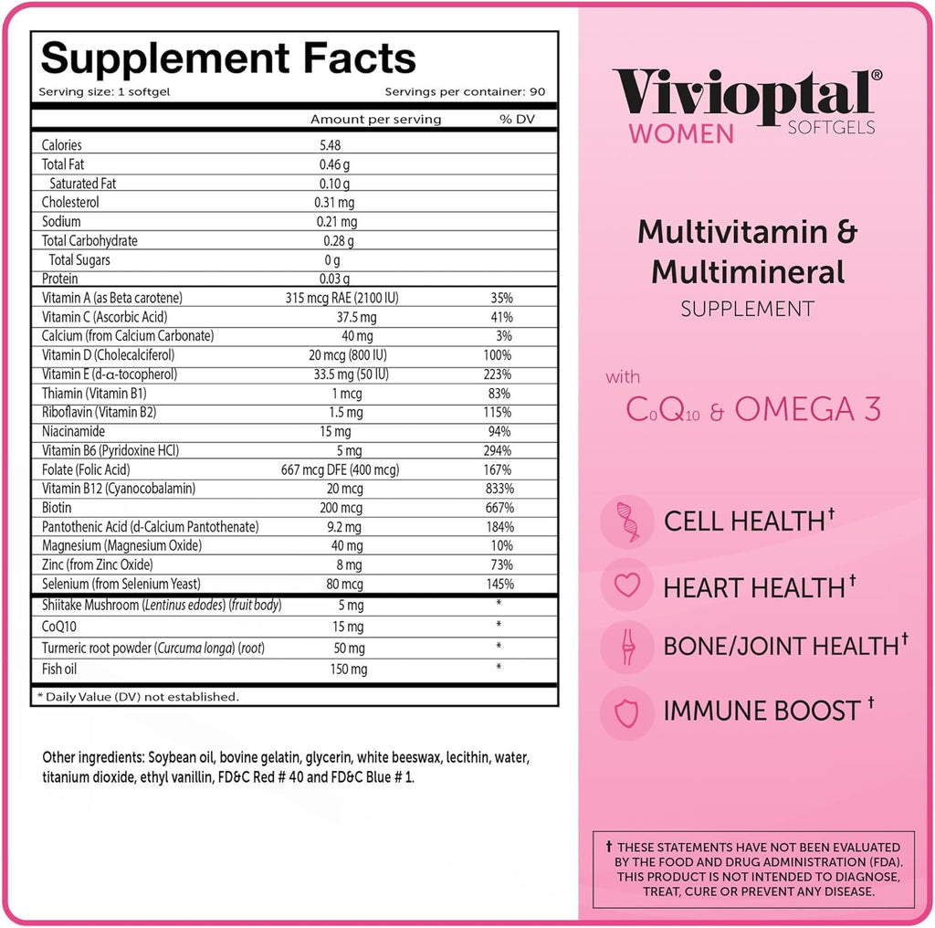 Vivioptal, Mujer, Suplemento Multivitamínico y Multimineral, 90 Cápsulas Blandas