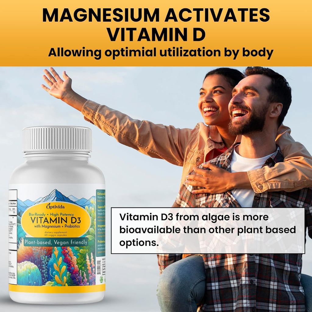 OPTIVIDA Vitamina D3 Vegana 4000 UI con Magnesio, Probióticos y Enzimas Digestivas - 60 Cápsulas