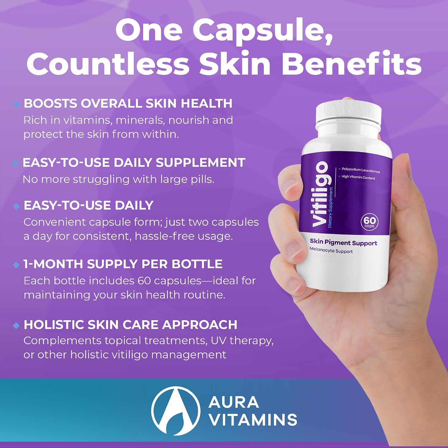 AURA VITAMINS Cápsulas para Vitíligo – 60 unidades – Apoyo a la Pigmentación de la Piel