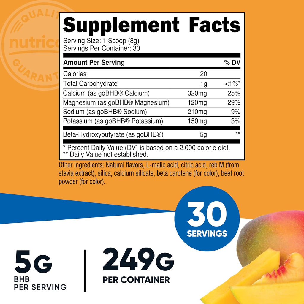Nutricost BHB Salts Drink Mix (30 porciones, sabor melocotón mango, 5 g de BHB por porción) - 0 g de azúcares totales, producto vegetariano