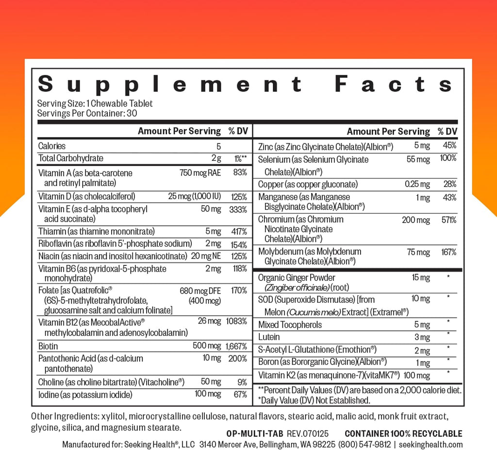 Seeking Health Optimal Multivitamin Chewable - Multivitamínico Masticable con L-5-MTHF, Vitamina B12 y D3