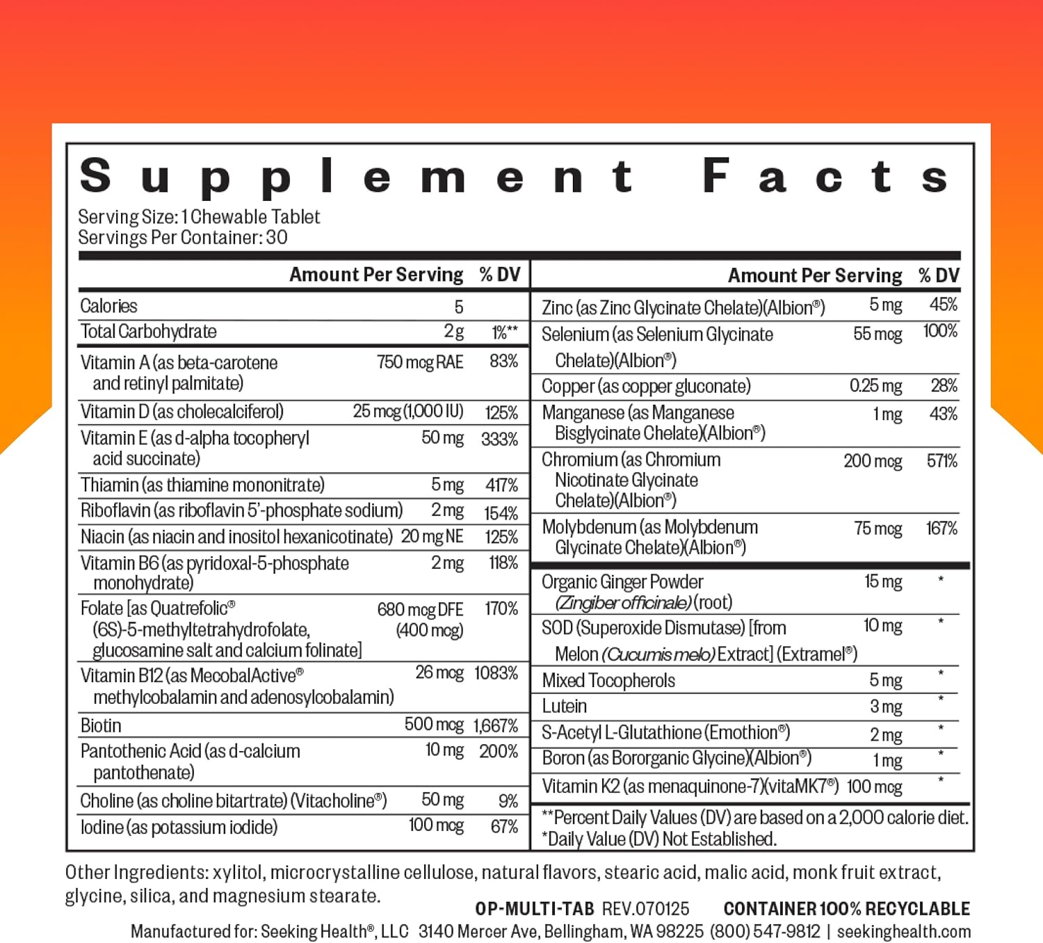 Seeking Health Optimal Multivitamin Chewable - Multivitamínico Masticable con L-5-MTHF, Vitamina B12 y D3