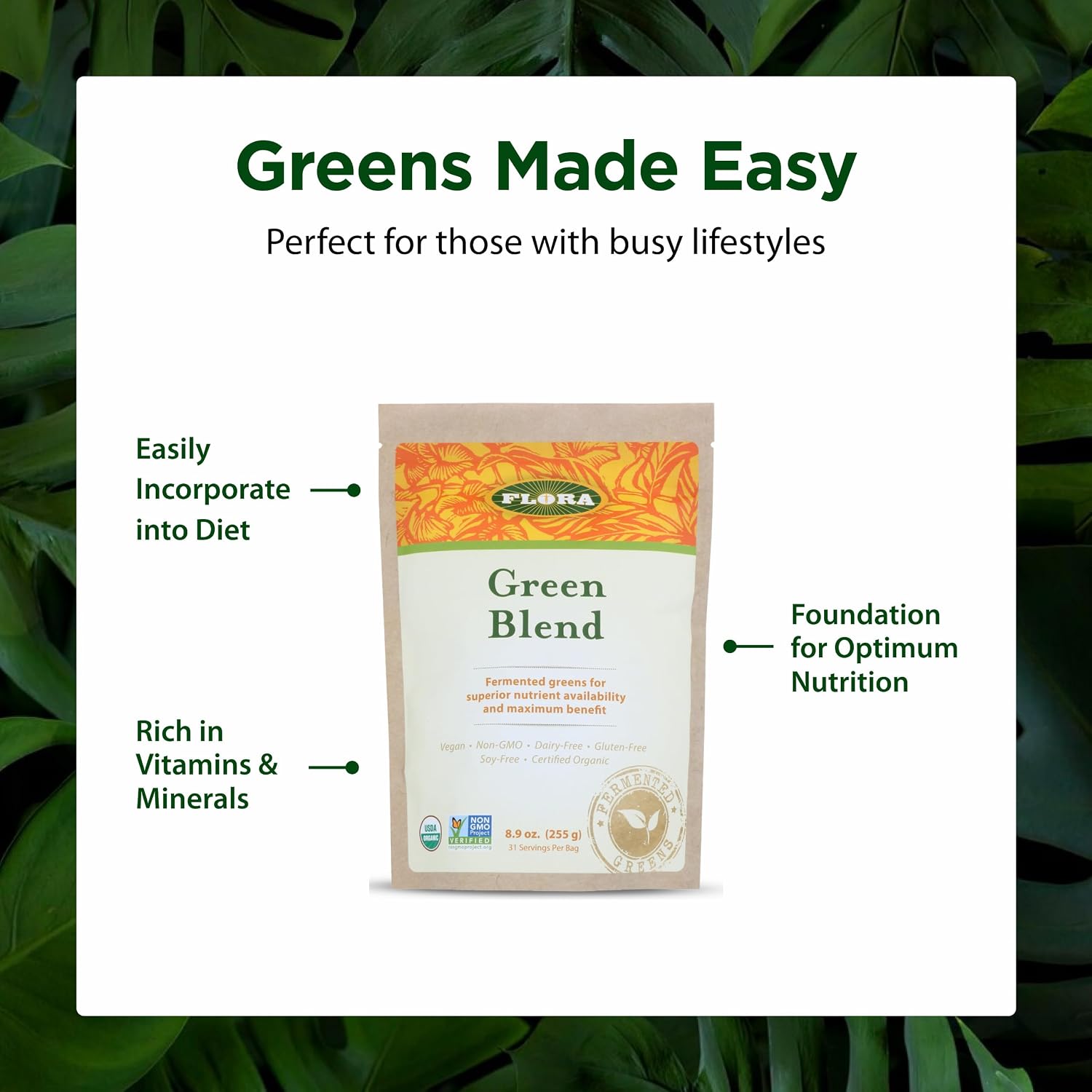 Flora Green Blend - Mezcla de Pastos Fermentados Ecológicos - 252 g (8.9 oz) en Polvo