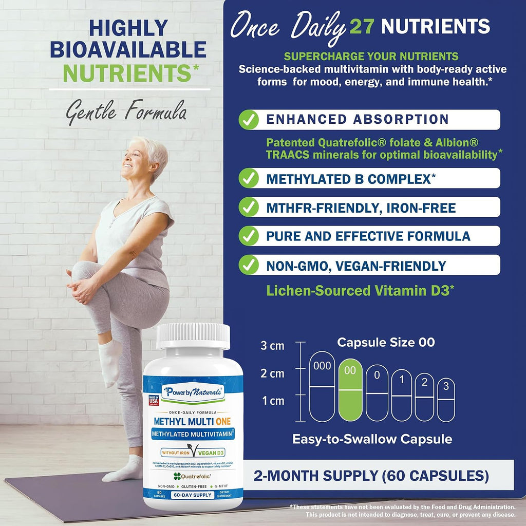 Power By Naturals Methyl Multi One - Multivitamínico Metilado Sin Hierro con 5-MTHF, Metilcobalamina y CoQ10 - 60 Cápsulas
