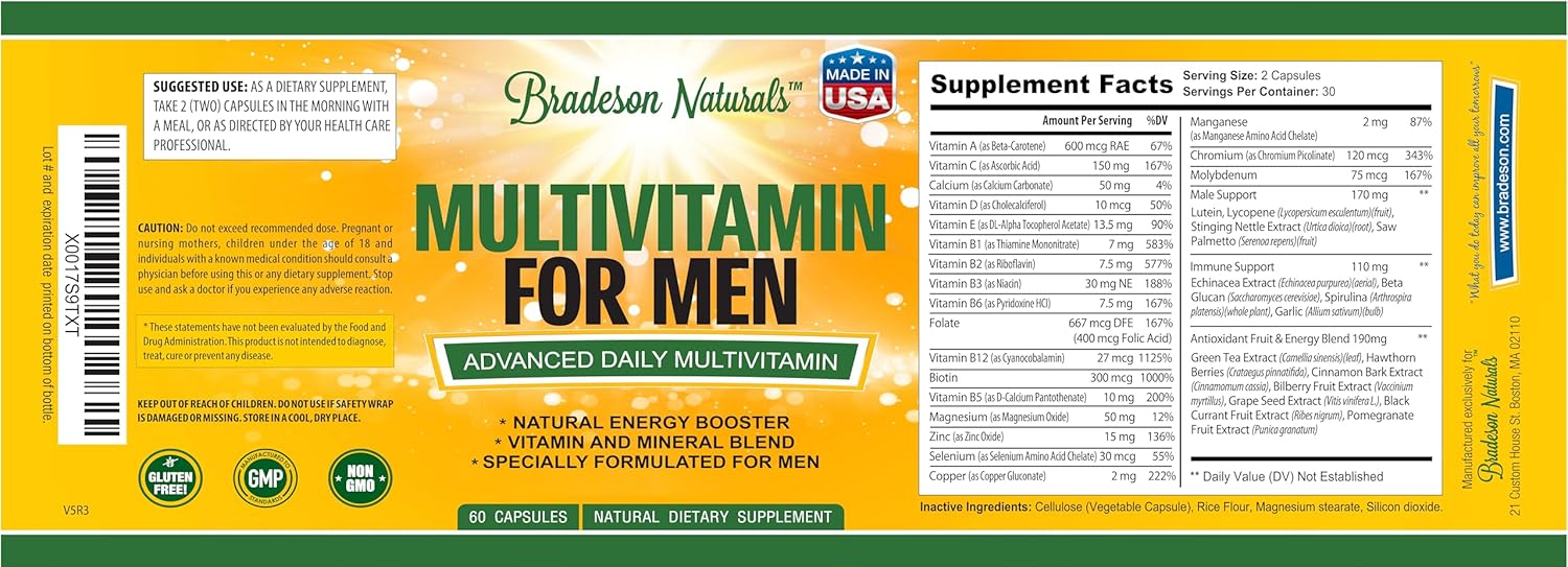 Bradeson Naturals Multivitamínico para Hombres con Vitaminas A, C, D, E, B12, Zinc, Calcio y Magnesio - 60 Cápsulas Veganas