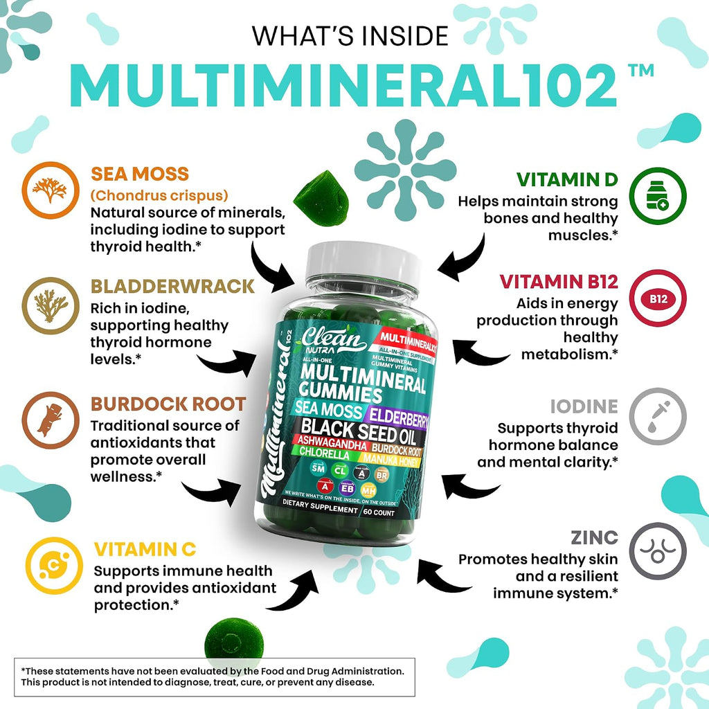 Gominolas de Sea Moss Multiminerales - Aceite de Semilla Negra, Ashwagandha, Saúco - Sabor Manzana Verde
