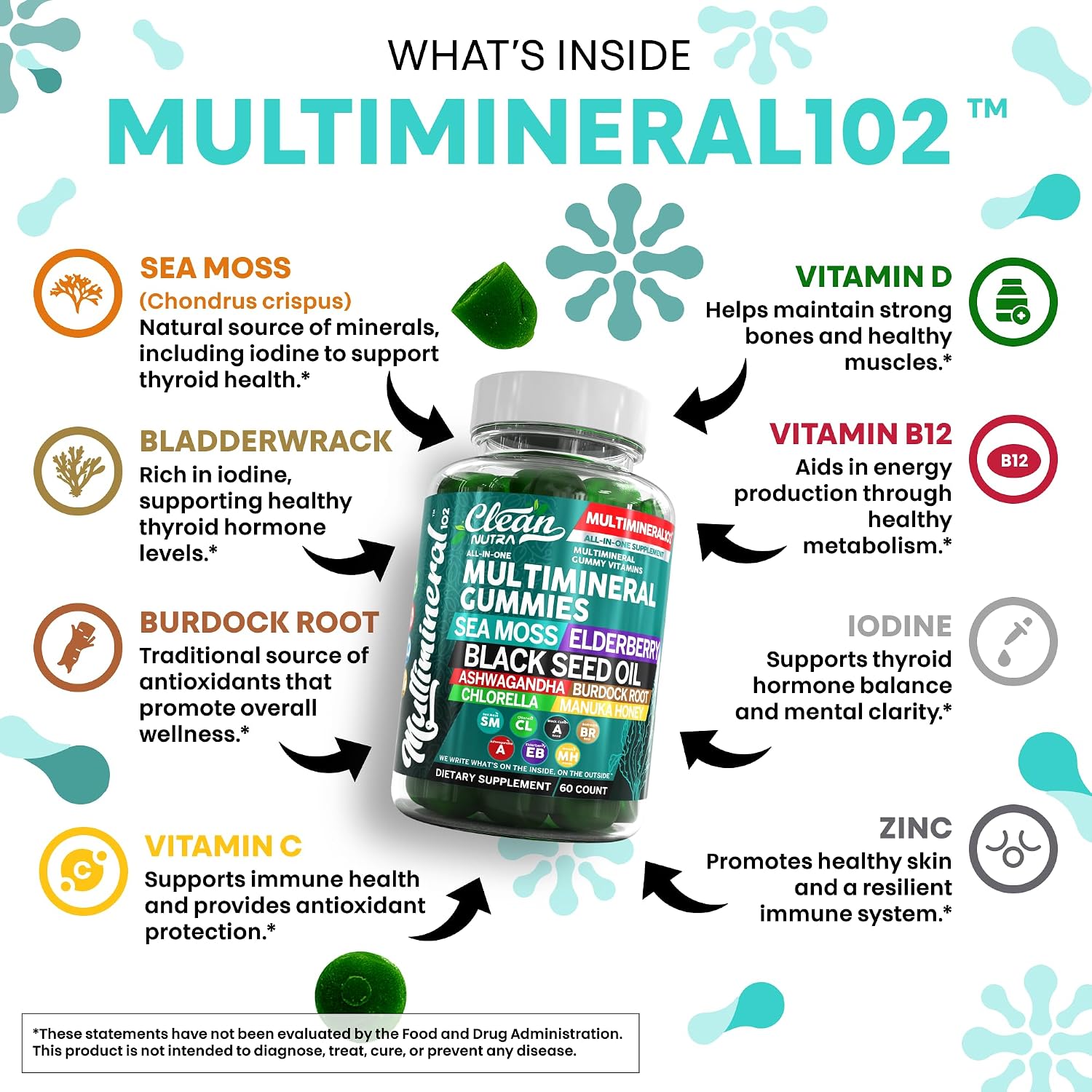 Gominolas de Sea Moss Multiminerales - Aceite de Semilla Negra, Ashwagandha, Saúco - Sabor Manzana Verde