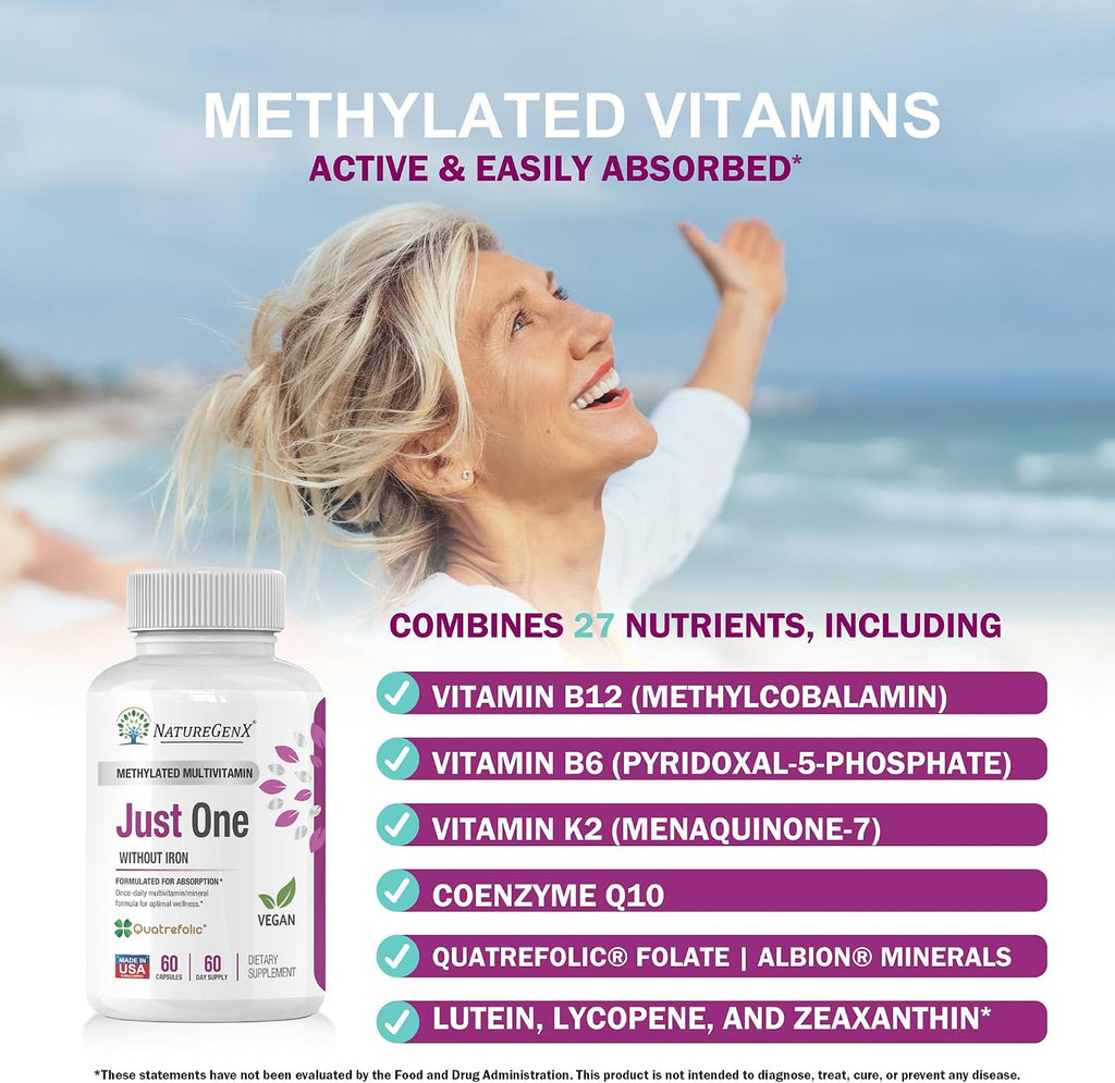 NatureGenX Just One Daily Multivitamínico Metilado - Sin Hierro con Metil B12 y Quatrefolic Metilfolato - 120 Cápsulas Veganas (2 Envases, 4 Meses)