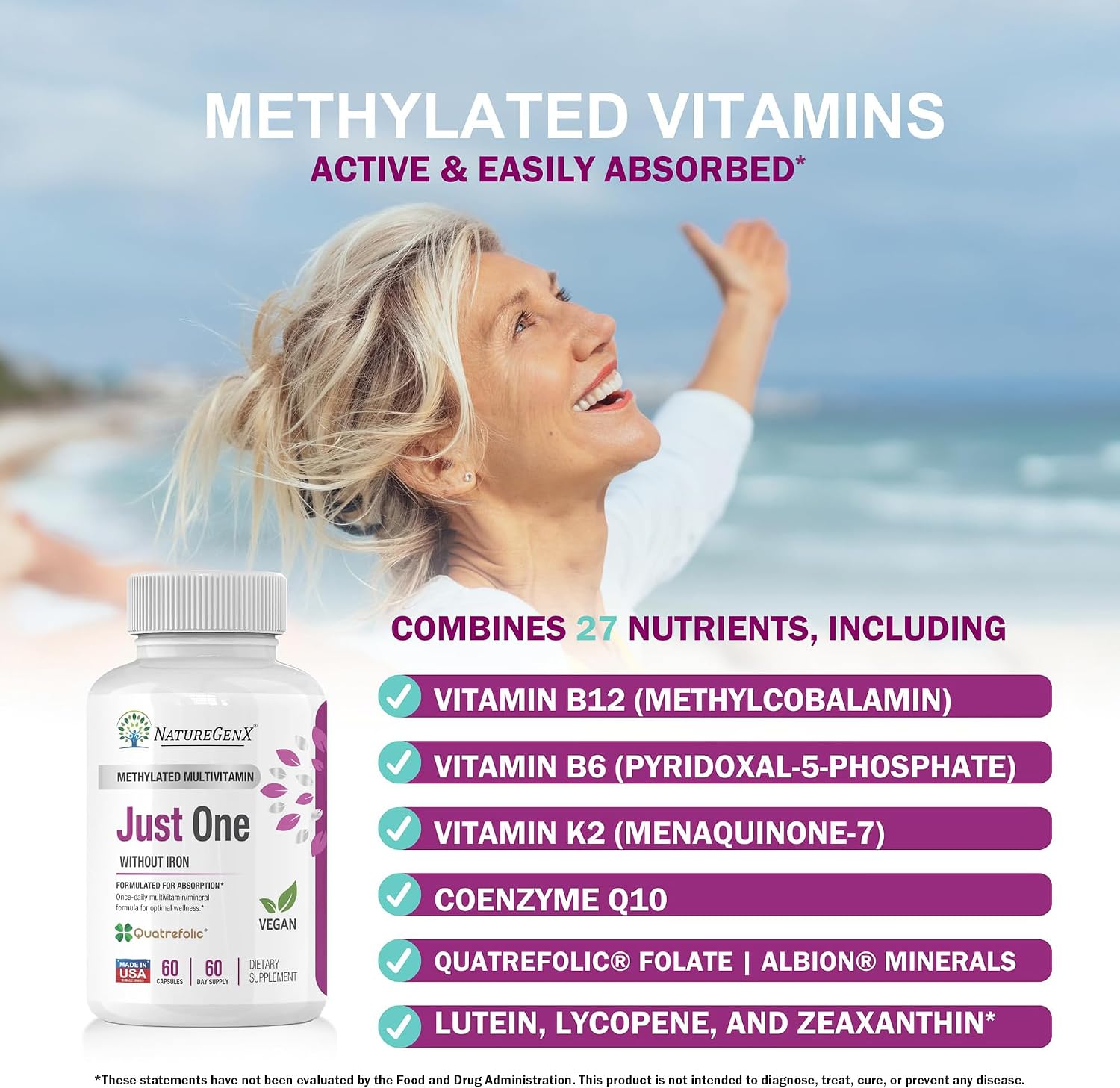 NatureGenX Just One Daily Multivitamínico Metilado - Sin Hierro con Metil B12 y Quatrefolic Metilfolato - 120 Cápsulas Veganas (2 Envases, 4 Meses)