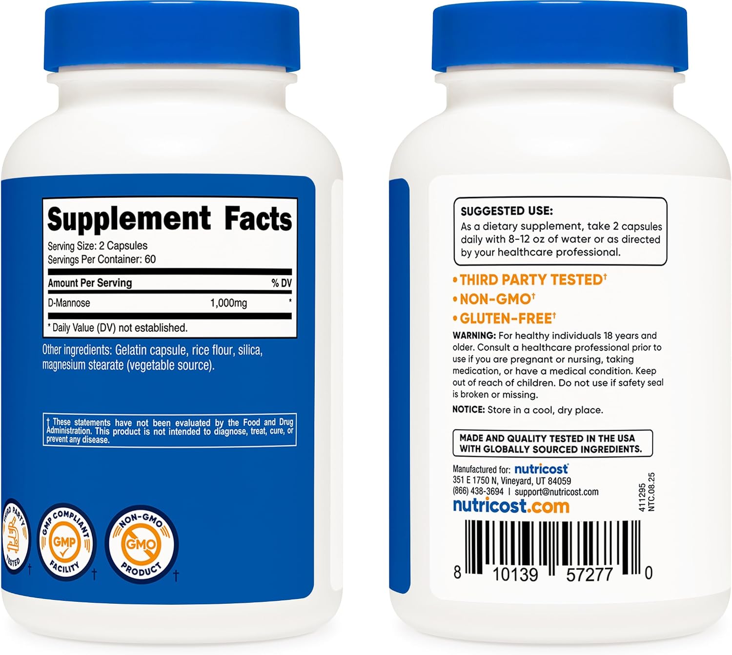 Nutricost D-Mannose 1000mg por dosis, 120 cápsulas - 500mg por cápsula, Salud del tracto urinario, No transgénico y sin gluten