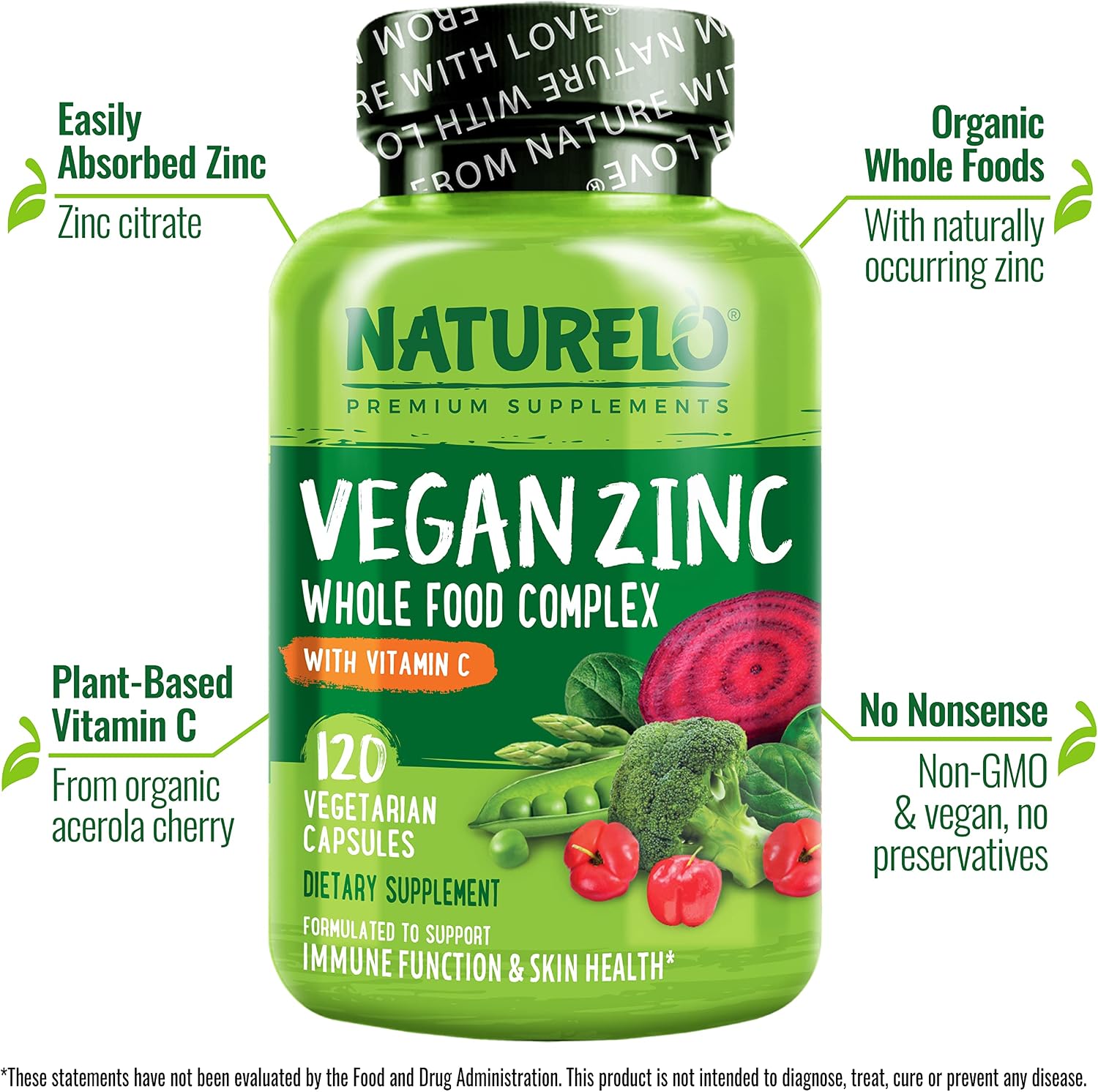 NATURELO Complexo de Zinc y Vitamina C Vegano - 120 Cápsulas (Pack de 2)