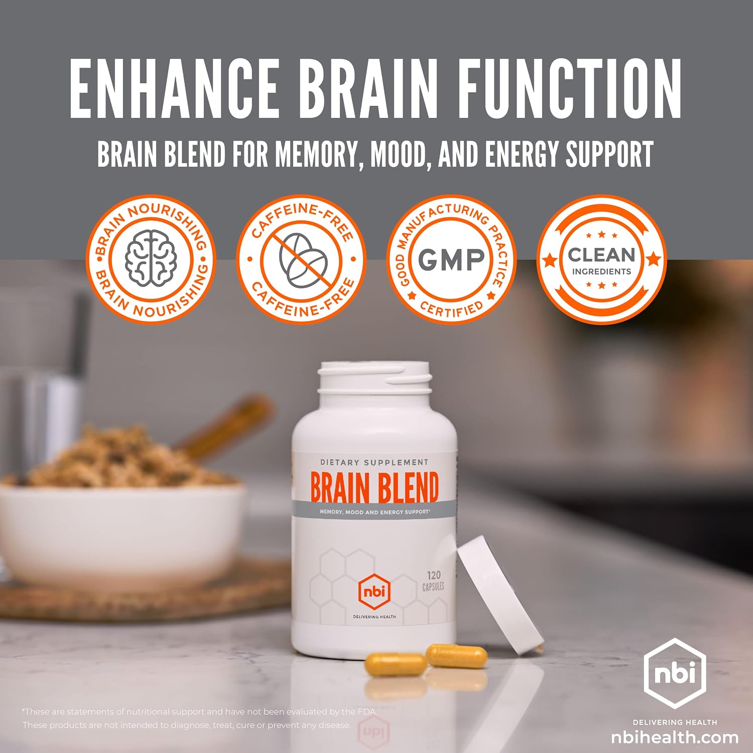 NBI Brain Blend para Memoria, Concentración y Función Cognitiva | Sin Cafeína con ALCAR, Ácido Alfa Lipoico, Huperzina A, Cúrcuma | Nootrópico | 120 Cápsulas