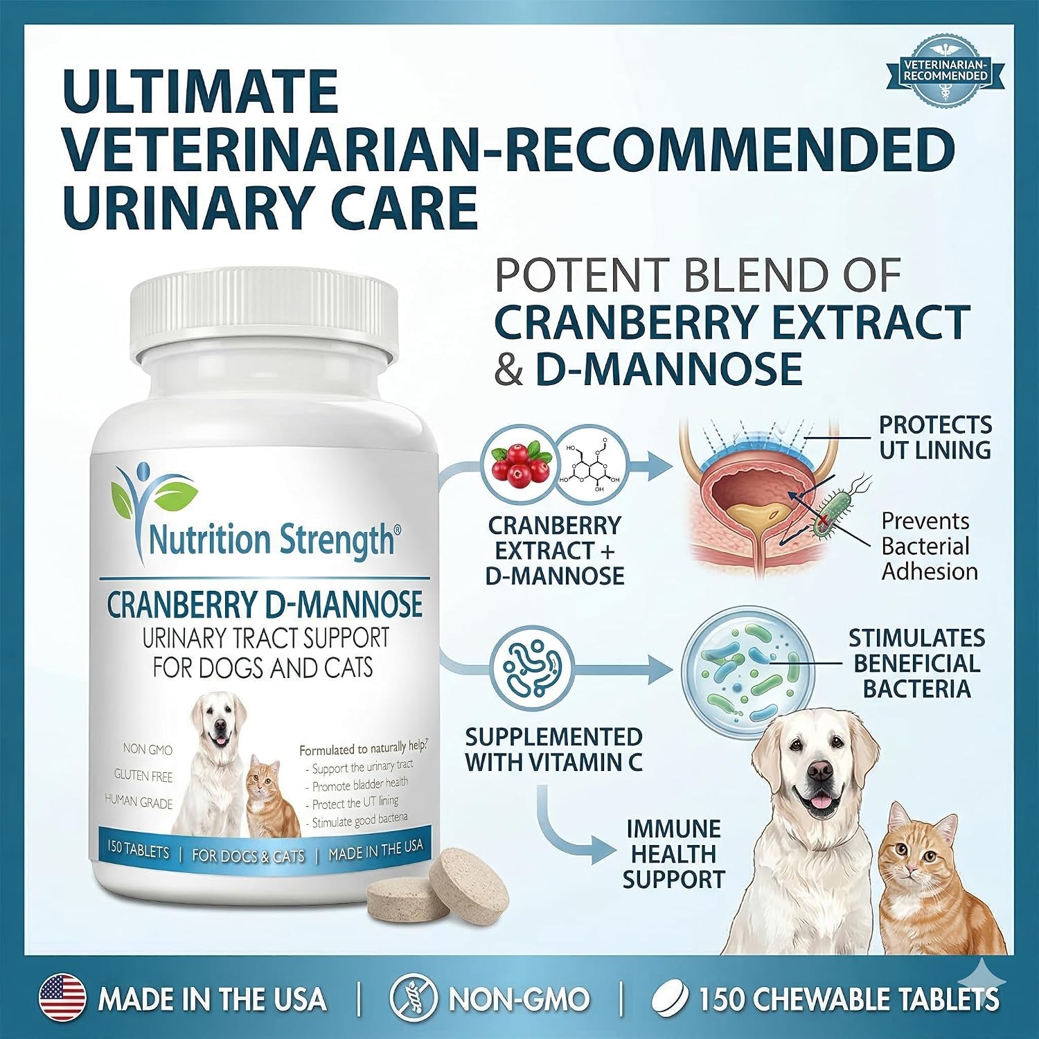 Nutrition Strength Cranberry D-Mannose para Perros y Gatos - Apoyo Urinario y Salud Inmunológica - 150 Comprimidos