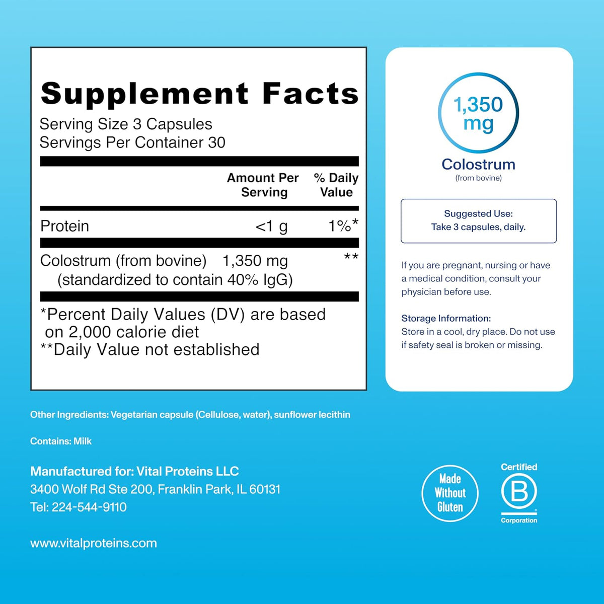 Vital Proteins Suplemento de Calostro Bovino, 90 Cápsulas para la Salud Intestinal y Apoyo Inmunitario con 40% IgG – Image 5