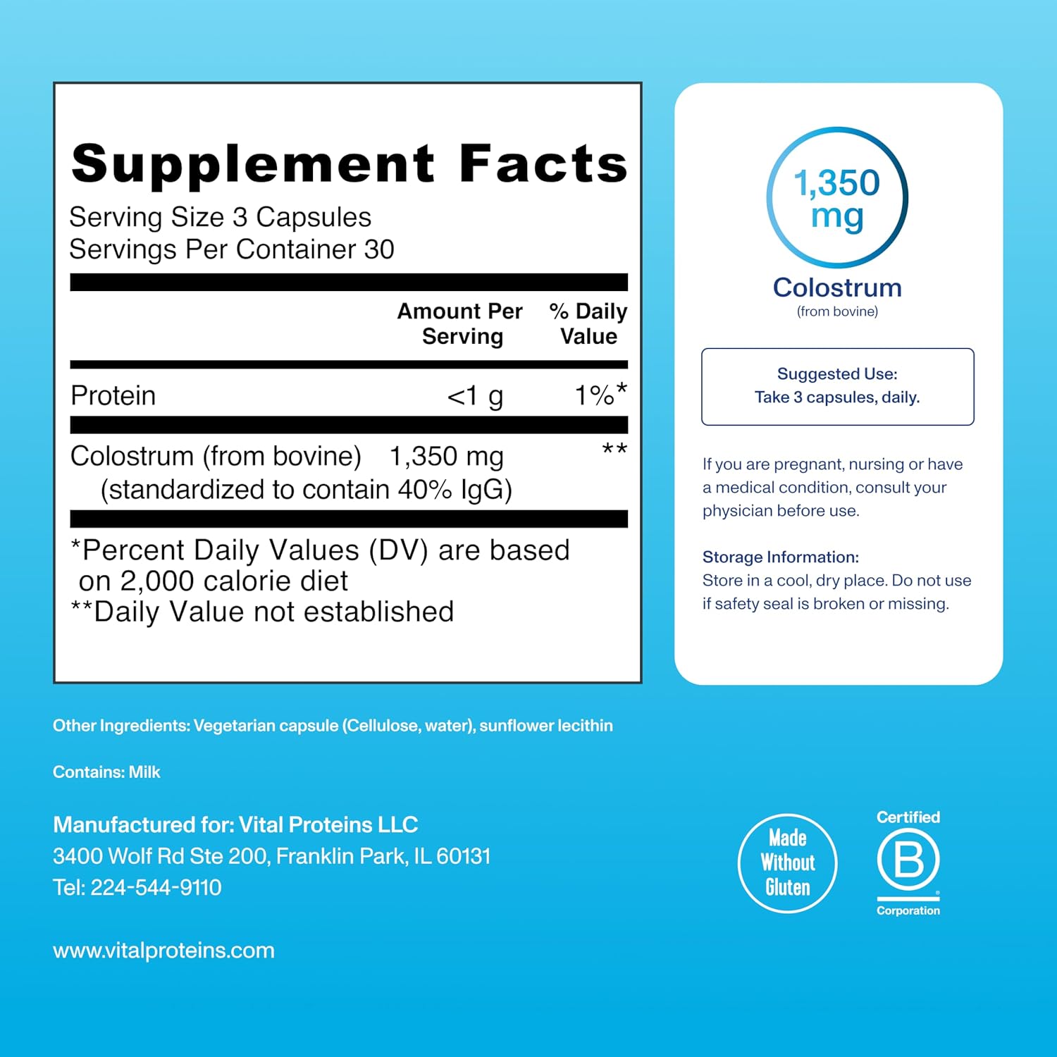 Vital Proteins Suplemento de Calostro Bovino, 90 Cápsulas para la Salud Intestinal y Apoyo Inmunitario con 40% IgG