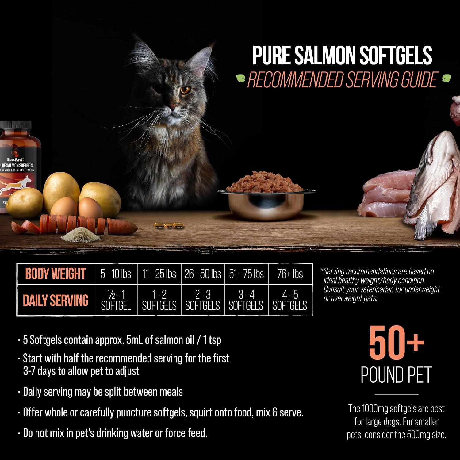 Wild Alaskan Salmon Oil for Dogs and Cats | Omega 3 Fish Oil Soft Gel Capsules | Skin and Coat, Joint and Heart Support | 1000mg EPA DHA | 120 Count