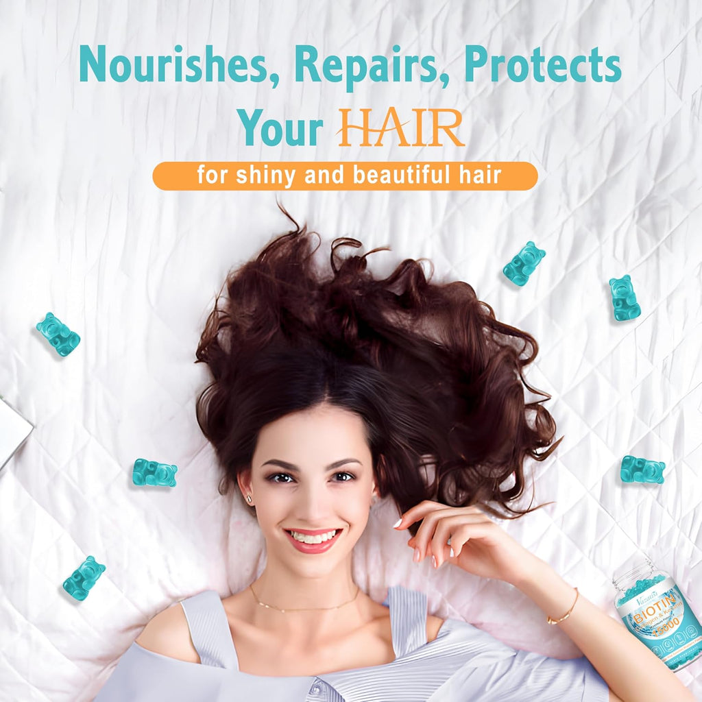 Gominolas de Biotina con Colágeno y Vitaminas para el Cabello, Piel y Uñas - Sin Azúcar, Sabor Arándano, 120 unidades