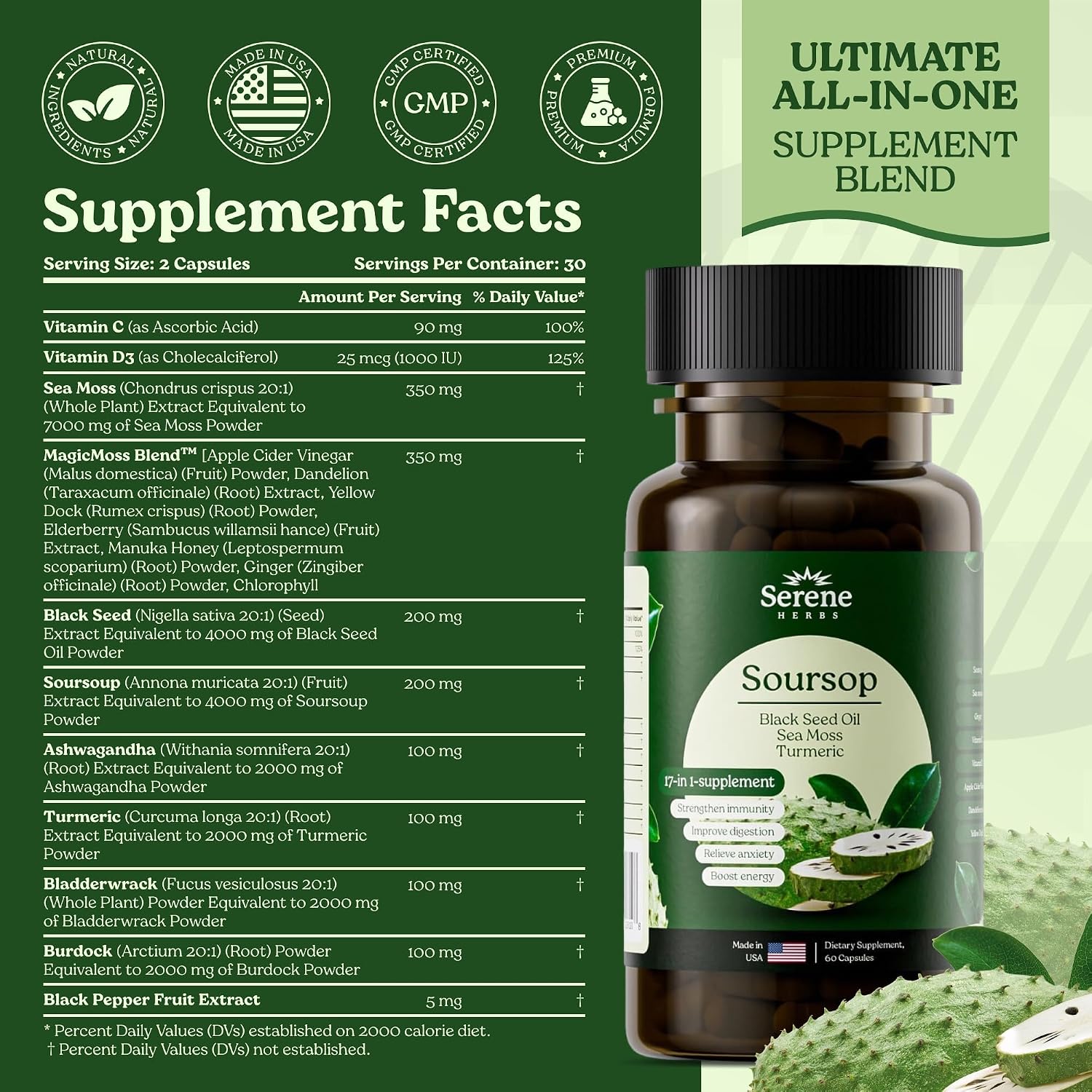 Serene Herbs 17-en-1 Cápsulas de Sea Moss con Irish Seamoss, Aceite de Semilla Negra, Ashwagandha, Cúrcuma y Bladderwrack - Apoyo Inmunológico, Energía y Digestión - Suplemento Herbal Natural - 60 Cápsulas