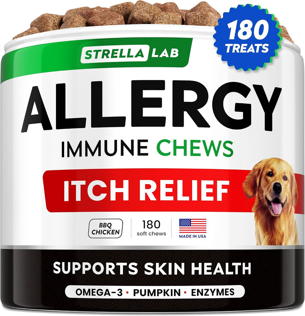 STRELLALAB Masticables para Alivio de Alergias y Picor en Perros con Omega 3: Apoyo para Piel y Pelaje con Aceite de Pescado, Calabaza y Enzimas para Perros y Gatos — Sabor Pollo BBQ - 180 unidades