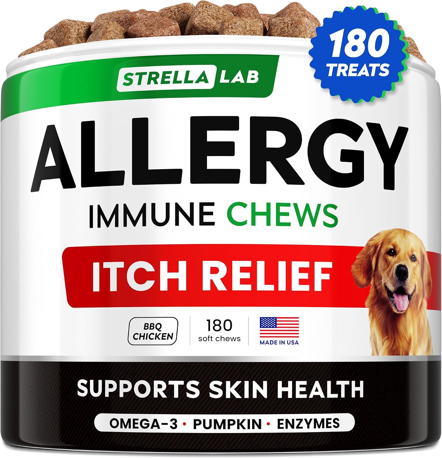 STRELLALAB Masticables para Alivio de Alergias y Picor en Perros con Omega 3: Apoyo para Piel y Pelaje con Aceite de Pescado, Calabaza y Enzimas para Perros y Gatos — Sabor Pollo BBQ - 180 unidades