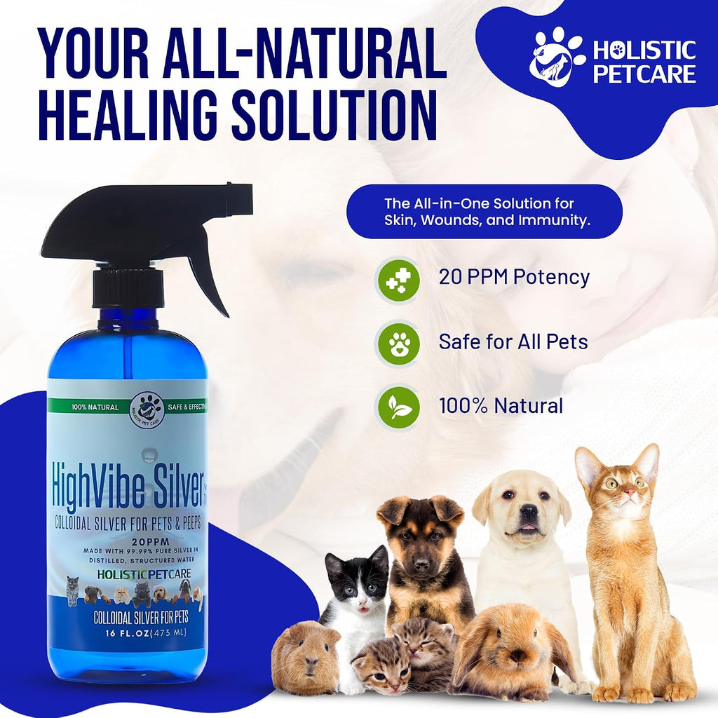 Coloide de Plata para Perros, Gatos, Caballos y Pájaros – 20 PPM – Cuidado de Heridas, Hot Spots, Alivio de la Piel y Apoyo Inmunológico – Solución Natural, Spray (473 ml)