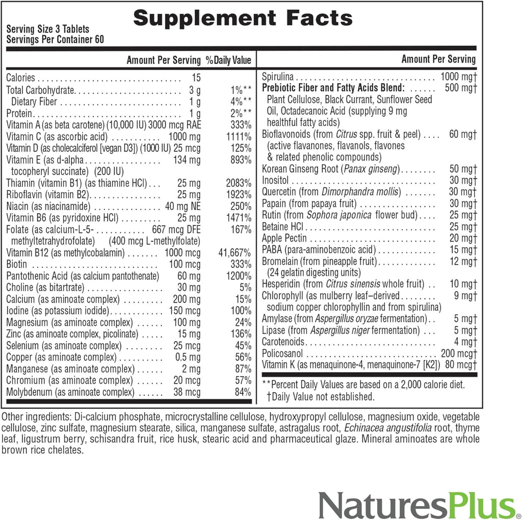 NaturesPlus Source of Life Sin Hierro - 180 Comprimidos - Multivitamínico y Mineral con Vitamina D3