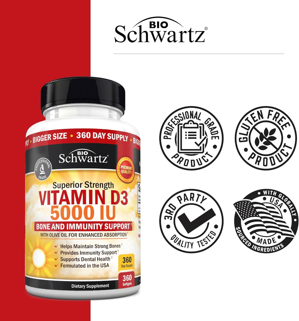 BioSchwartz Vitamina D3 5000 IU - 360 Cápsulas Blandas con Aceite de Oliva