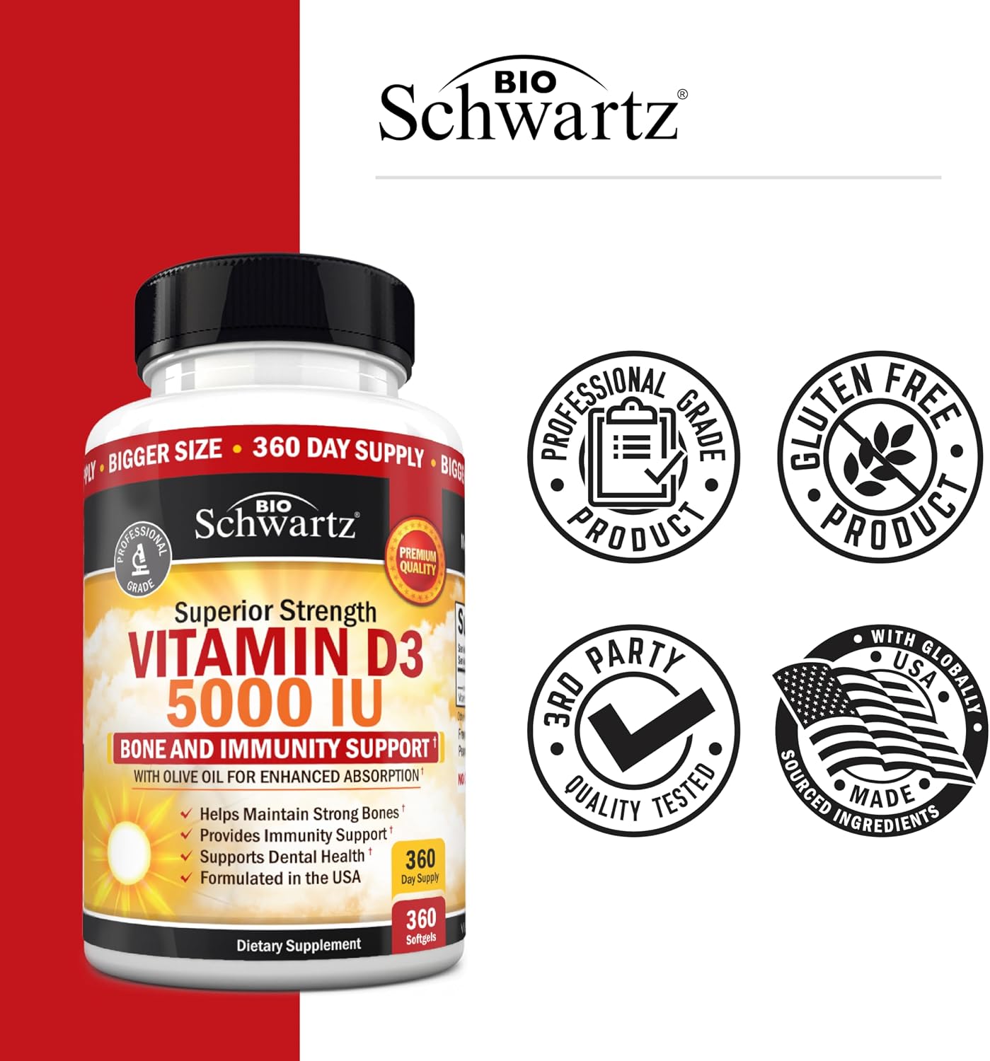 BioSchwartz Vitamina D3 5000 IU - 360 Cápsulas Blandas con Aceite de Oliva