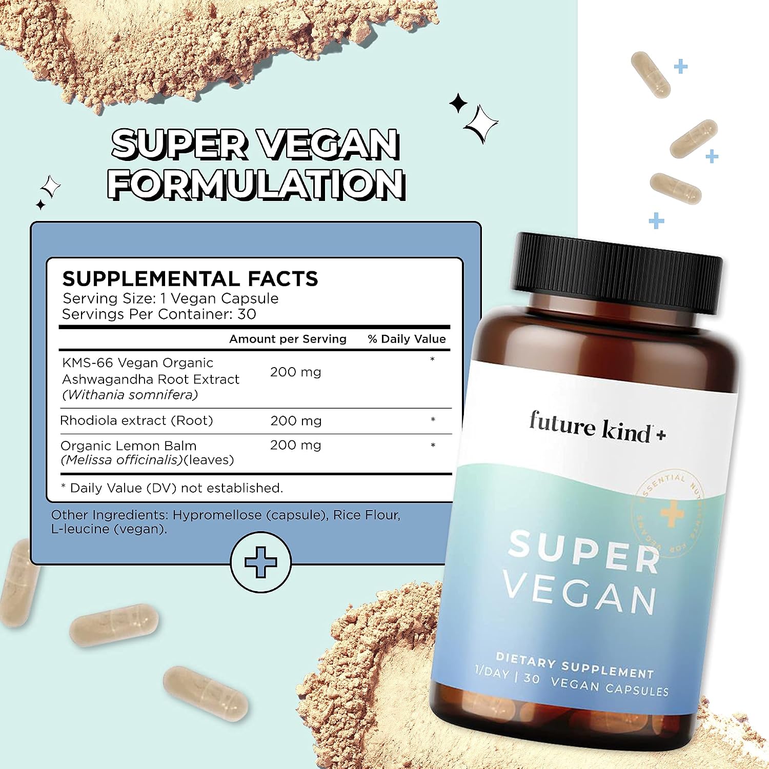 Future Kind - Super Vegan Formula con Melisa, Ashwagandha y Rhodiola, 30 Cápsulas