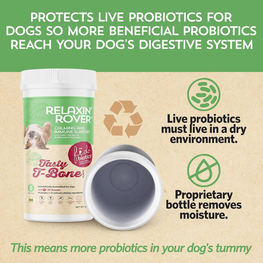 Relaxin’ Rover Suplemento Calmante con Probióticos para Perros con Valeriana, Manzanilla y GABA para Alivio del Estrés y la Ansiedad, Delicioso Sabor a Hueso T-Bone, 20 Dosis