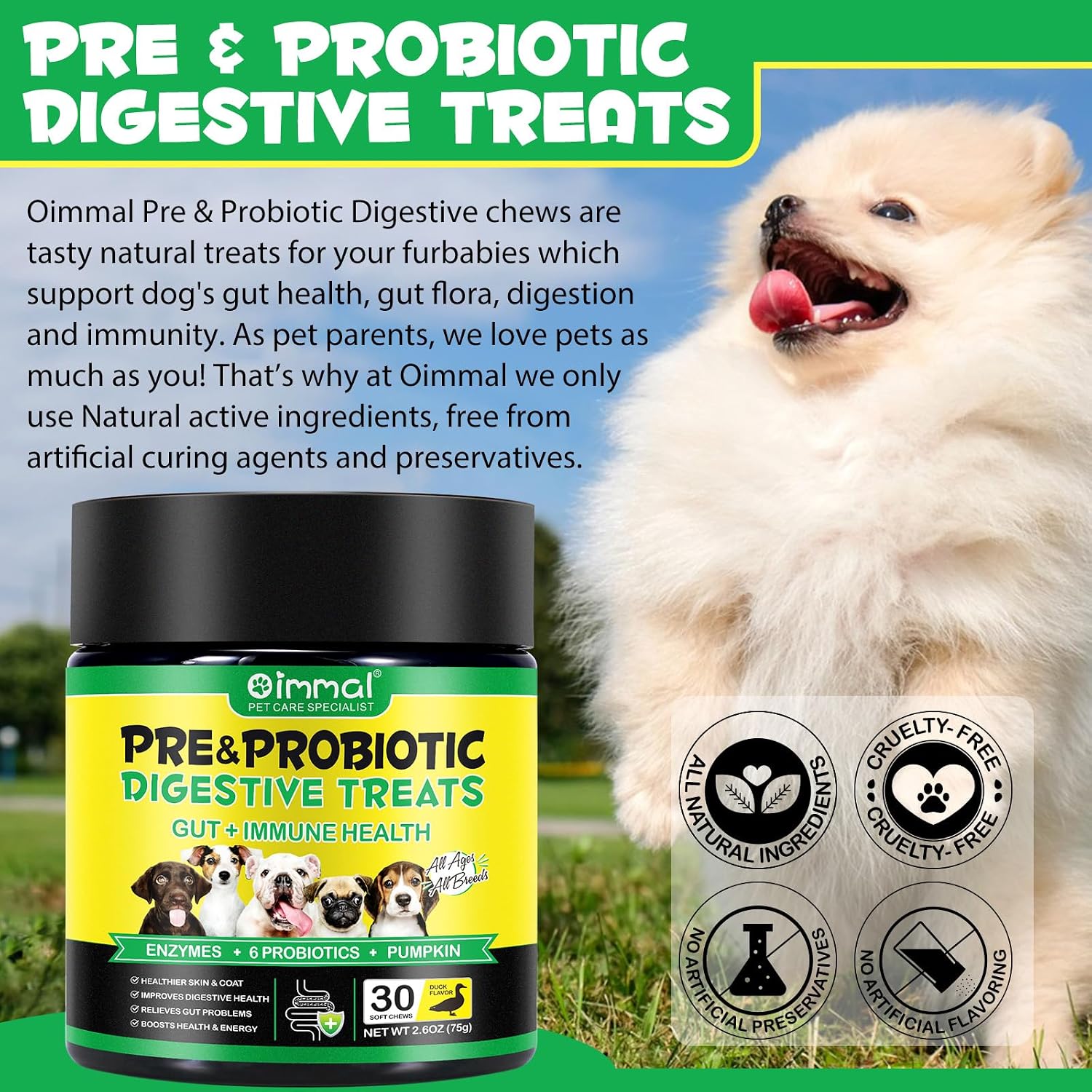 Probióticos para Perros (Pato, 30 Masticables) con Enzimas Digestivas